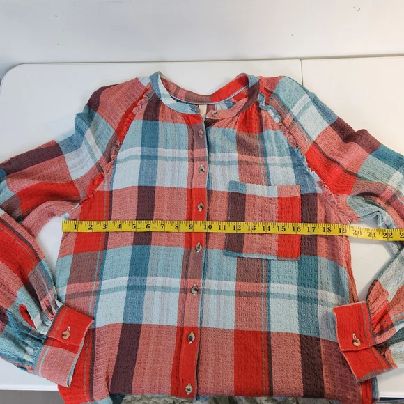 Pilcro Breezy Plaid Button Down Gauzy Rustic Long Sleeve Top M - Picture 10 of 11